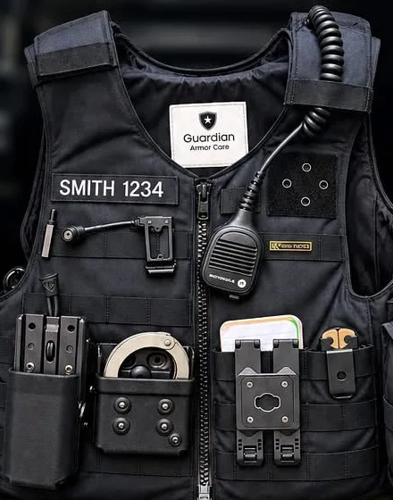 A black police outer carrier with name tape, radio, cuffs and pouches, fully reassembled